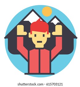 Man on top of mountain icon symbol: achievement, active travel, goal, adventure, climbing. Editable strokes. Flat design line vector illustration concept. Image isolated on white background
