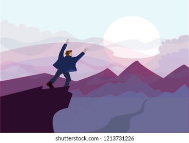 man on top of the mountain looking at the panorama. Landscape with sunset. man stands with his arms outstretched