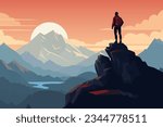 Man on the top of the mountain looks at the beautiful landscape of the mountains. Climbing mountains. The concept of mountain tourism and travel. Vector illustration.