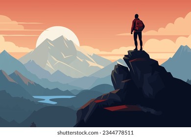 Man on the top of the mountain looks at the beautiful landscape of the mountains. Climbing mountains. The concept of mountain tourism and travel. Vector illustration.