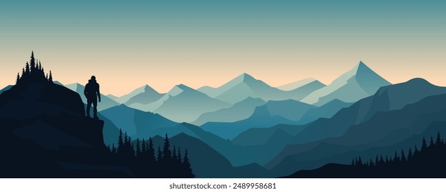 Man on top of a mountain looks at a beautiful mountain panoramic landscape. Mountain tourism and travel concept. Vector illustration for design.