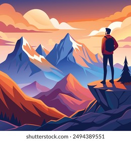 Man on the top of the mountain looks at the beautiful landscape of the mountains. Climbing mountains. The concept of mountain tourism and travel. Vector illustration.