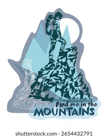 Homem no topo da montanha conceito minimalista para o turismo de montanha. Escalando montanhas. O conceito de turismo de montanha e viagens. Ilustração vetorial.