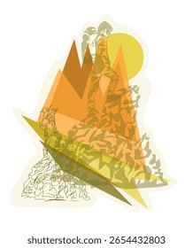Hombre en la cima del concepto minimalista de montaña para el turismo de montaña. Escalar montañas. El concepto de turismo de montaña y viajes. Ilustración vectorial.