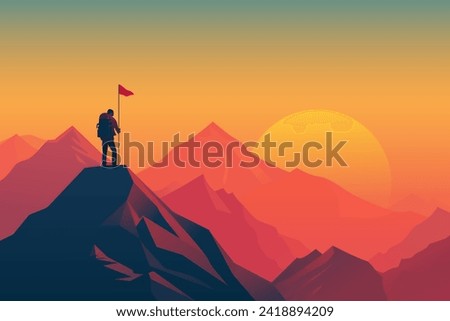 Man on the top of a mountain plants a flag and watches a beautiful sunset in the mountains. Mountain tourism and travel concept. vector illustration.