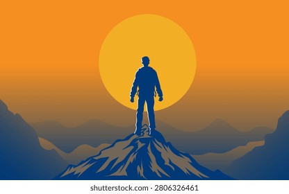 A man on top of mountain. Silhouettes of mountain climber reaches summit. Success Illustration.
