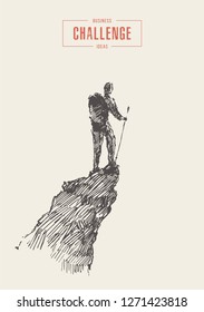 Man on top of a mountain, winner, traveler concept, vector illustration, sketch