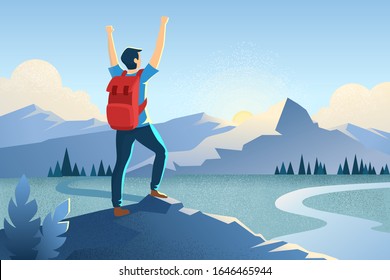 Man on the top of the mountain. Winner concept with a hands up man. Happy tourist with a backpack. Mountains landscape. Motivational stock vector background illustration. Traveler in summer rocks. 