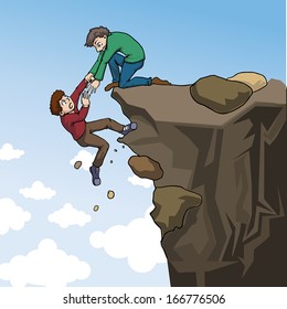 man on the top of a rock helping an other man to climb, vector illustration