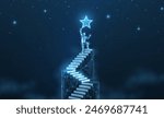 Man on the top of stair and star. Achieve career growth, Reach goal, Success ladder, Business opportunity, Leader businessman, Catch chance, Job opportunity, Achieve target, dream concept