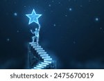 Man on the top of stair and star. Achieve career growth, Reach goal, Success ladder, Business opportunity, Leader businessman, Catch chance, Job opportunity, Achieve target, dream concept
