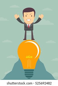 man on top , vector illustration of a creative young cartoon businessman on light bulb as a symbol of having an idea