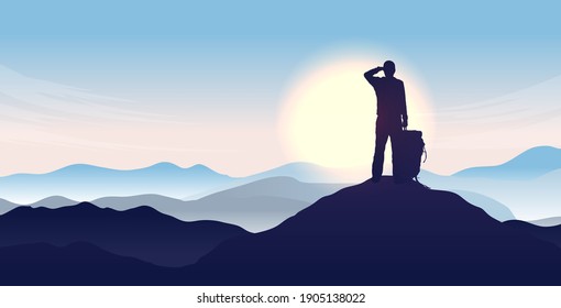Man on top of the world - Silhouette of male person looking to the horizon, watching sunrise and the start of a new day. Hope and opportunity concept. Vector illustration.