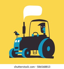 Man on tractor, simple vector illustration on yellow