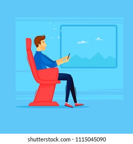Man is on the train. Flat design vector illustration.