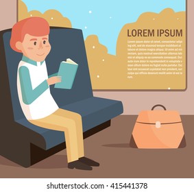 Man on the train. Vector illustration. Cartoon character. Reading a book