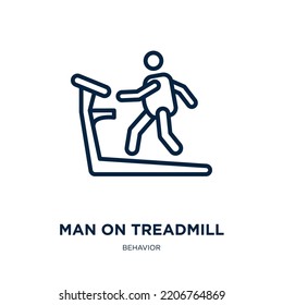 icono de la cinta de correr de la colección de comportamiento. Hombre lineal delgado en la cinta de correr, fitness, icono de contorno de hombre aislado en fondo blanco. Hombre vectorial de línea en señal de cinta rodante, símbolo para web y móvil