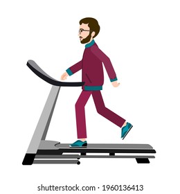 A man on a treadmill. The man runs. Vector illustration of a character for animation on a treadmill. All the details are on separate layers. Editable strokes