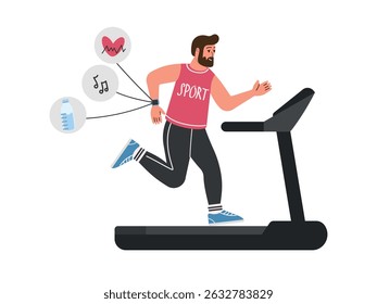 Mann auf einem Laufband. Junger Mann, der auf einem Laufband läuft, Vektorgrafik einzeln auf weißem Hintergrund.