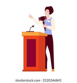Man on tribune at auction in flat design. Seller with hammer selling art. Vector illustration isolated.