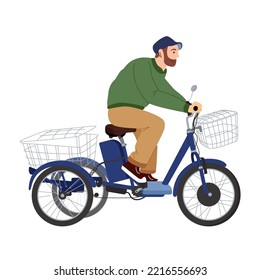 Man on the tricycle with basket. Vector flat design illustration. Activity and healthy lifestyle concept. Delivered of packages by cycling courier tricycle cargo designed and constructed specifically