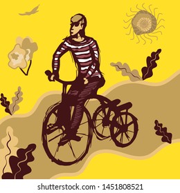 A man on a tricycle rides a winding road. Sketch. Vector illustration