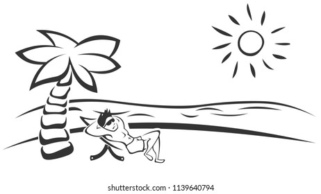 Man on tropical beach with palm tree. Black lines style. Vector concept
