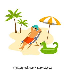 man on a tropical beach vacation lying in a sun chair enjoying holidays