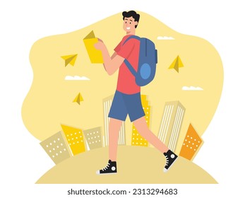 Man on vacation by going alone .Walking around looking for a place using a map,and a backpack.Vector illustration