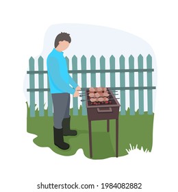A man on vacation. Cooks food kebabs. Roasts meat on the grill. On the green lawn, against a wooden fence. Summer entertainment. Vector illustration.