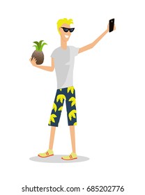 Man on vacation with mobile device and pineapple isolated on white