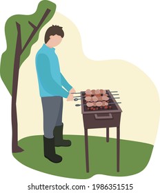 Man on vacation. Prepares food shashlik. Grills meat on the grill. On the green lawn, next to the tree. Summer entertainment. Vector illustration.