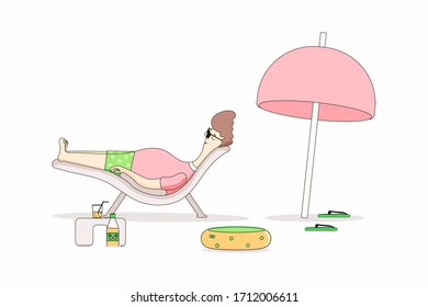 man on vacation.Vector illustration.guy in sunglasses is sunbathing on sun lounger. next to an umbrella,bottle and a glass,flip-flops, an inflatable circle. concept of a beach holiday.cute character.