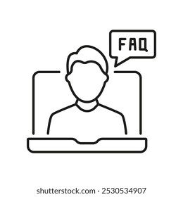Man on Video Call com FAQ Bubble Line Ícone para suporte online e comunicação. Videoconferência, Símbolo De Serviços De Suporte Virtual. Traço editável. Ilustração de vetor isolada.