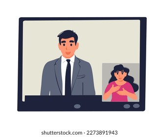 A man is on a video call with a woman on the screen, sign language interpreter.  Vector illustration