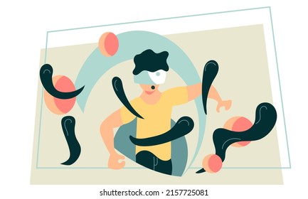 Man on virtual reality and technology device headset. Electronic entertainment glasses game vector illustration concept. Human with digital visual vr and futuristic head. Cyberspace helmet augmented