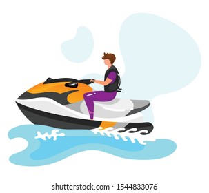 Man on water scooter flat vector illustration. Extreme sports experience. Active lifestyle. Summer vacation outdoor fun activities. Ocean waves. Sportsman isolated cartoon character on blue background
