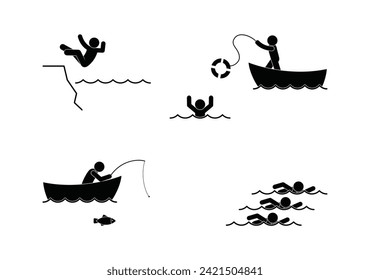 A man on the water, a set of icons, people float, drown, catch fish, falling into the water illustration.