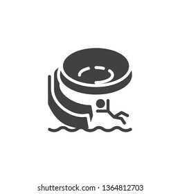 Man on water slide in aqua park vector icon. filled flat sign for mobile concept and web design. Splashing into swimming pool glyph icon. Symbol, logo illustration. Pixel perfect vector graphics
