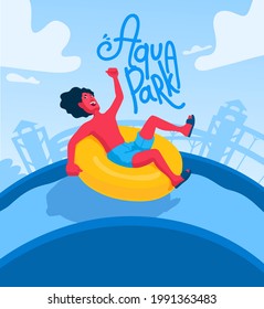 Man On A Water Slide On An Inflatable Ring. A Waterpark, Aquapark Advertisement Banner, Poster. Inflatable Tube On A Waterslide. Aqua Park Flyer With Copy Space. Amusement Park.