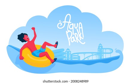 Man on a water slide on an inflatable ring. A waterpark, aquapark advertisement banner, poster. Inflatable tube on a waterslide. Aqua park flyer with copy space. Amusement park.