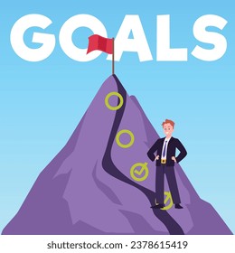 Man on the way to goals with checkmarks and red flag on top of mountain. Business strategy and productivity concept. Follow the plan, target achievement. Flat vector illustration poster.