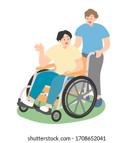 hombre en silla de ruedas y ilustración de un vehículo auxiliar