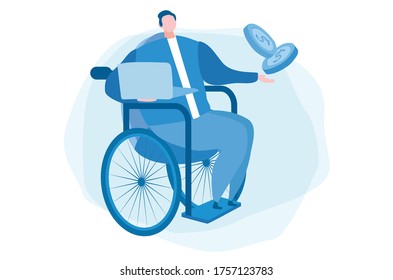 Man on wheelchair, money. Disabled people business. world disability day, handicapped persons. Vector illustration for web banner, infographics, mobile, 