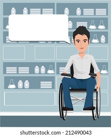 man on wheelchair providing information with a smile on a speech bubble background. Vector illustration on the background of hospital ward. 