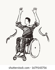 Man on a wheelchair tears through the finish line. Concept of victory, aspiration and achievement. Hand drawn vector illustration