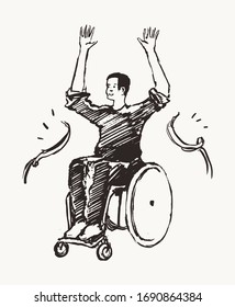 Man wheelchair tears through the finish line  Concept victory  aspiration   achievement  Hand drawn vector illustration