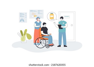 Man on wheelchair visiting doctor flat vector illustration. Person with disability talking with therapist in hospital. Treatment, healthcare concept for banner, website design or landing web page