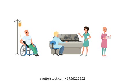 Man on Wheelchair and Woman with Ribbon Symbol with Cancer Diagnosis Having Medical Check and Treatment Vector Set