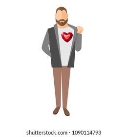 Man on a white background. Man shows his heart. Character for advertising.